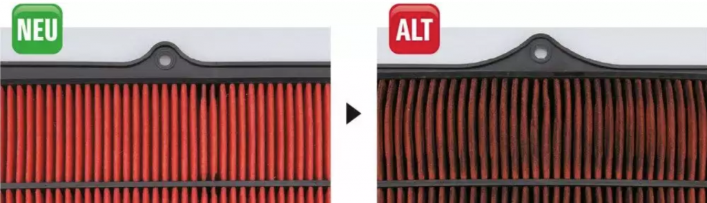 Vergleich eines neuen und eines alten Luftfilters: Links ein sauberer, roter Luftfilter mit gleichmäßigen Lamellen (beschriftet mit 'NEU'), rechts ein stark verschmutzter und dunkler verfärbter Luftfilter mit zugesetzten Lamellen (beschriftet mit 'ALT').
