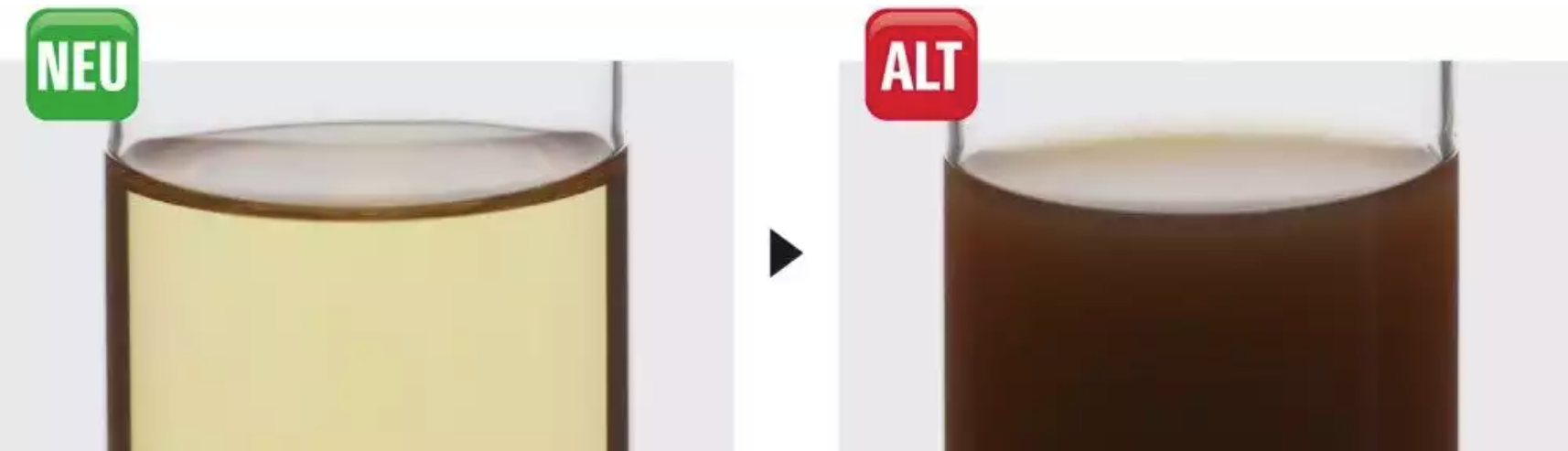 Vergleich von neuer und alter Bremsflüssigkeit: Links ein Glas mit klarer, heller Bremsflüssigkeit (beschriftet mit 'NEU'), rechts ein Glas mit dunkler, verunreinigter Bremsflüssigkeit (beschriftet mit 'ALT'), was auf Verschleiß und Austauschbedarf hinweist.
