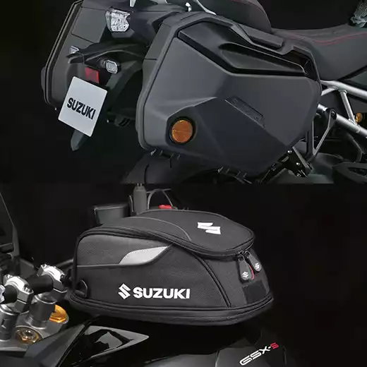 Touring-Kit für Suzuki GSX-S1000GX: Seitenkoffer, Montagerahmen und Schließzylinder im Detail abgebildet.