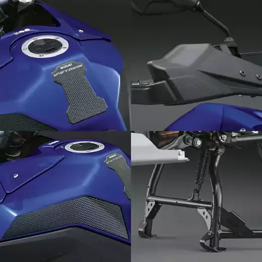 Detailansicht vom Suzuki V-Strom 800 Starter Kit mit Hauptständer, Handprotektoren und Tankpad/Grip-Pads in Collage.