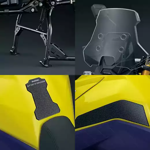 Suzuki V-Strom 800DE Starter Kit mit Hauptständer, Windschild und Tankpad/Grip-Pads in Collage.
