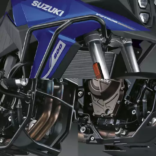 Detailansicht des Adventure-Kits für Suzuki V-Strom 800 mit Sturzbügeln und Motorschutz.