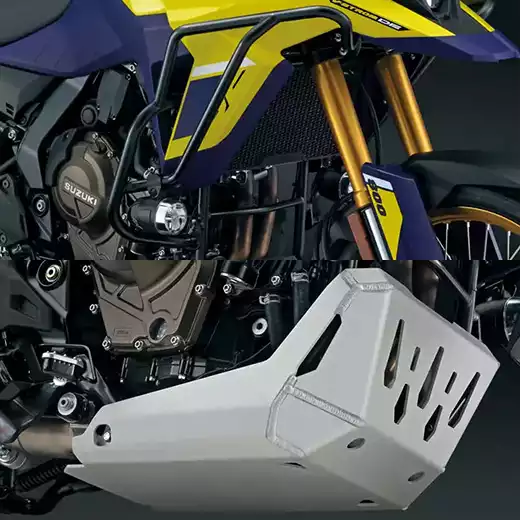 Suzuki V-Strom 800DE Adventure Kit: Motorschutzplatte und Schutzbügel am Motor in Nahaufnahme