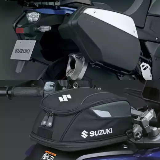 Detailansicht von dem Touring-Kit für Suzuki V-Strom 1050 Modelle mit Seitenkoffern und Suzuki Gepäcktasche.