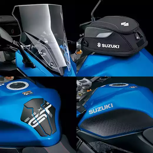 Touring-Kit für Suzuki GSX-S1000GT: Windschutzscheibe, Tankrucksack und Griffheizung im Detail.