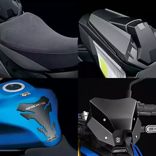 Design-Kit für Suzuki GSX-S1000: Fahrersitz, Soziusabdeckung, Tankpad und Meter Visier im Detail.