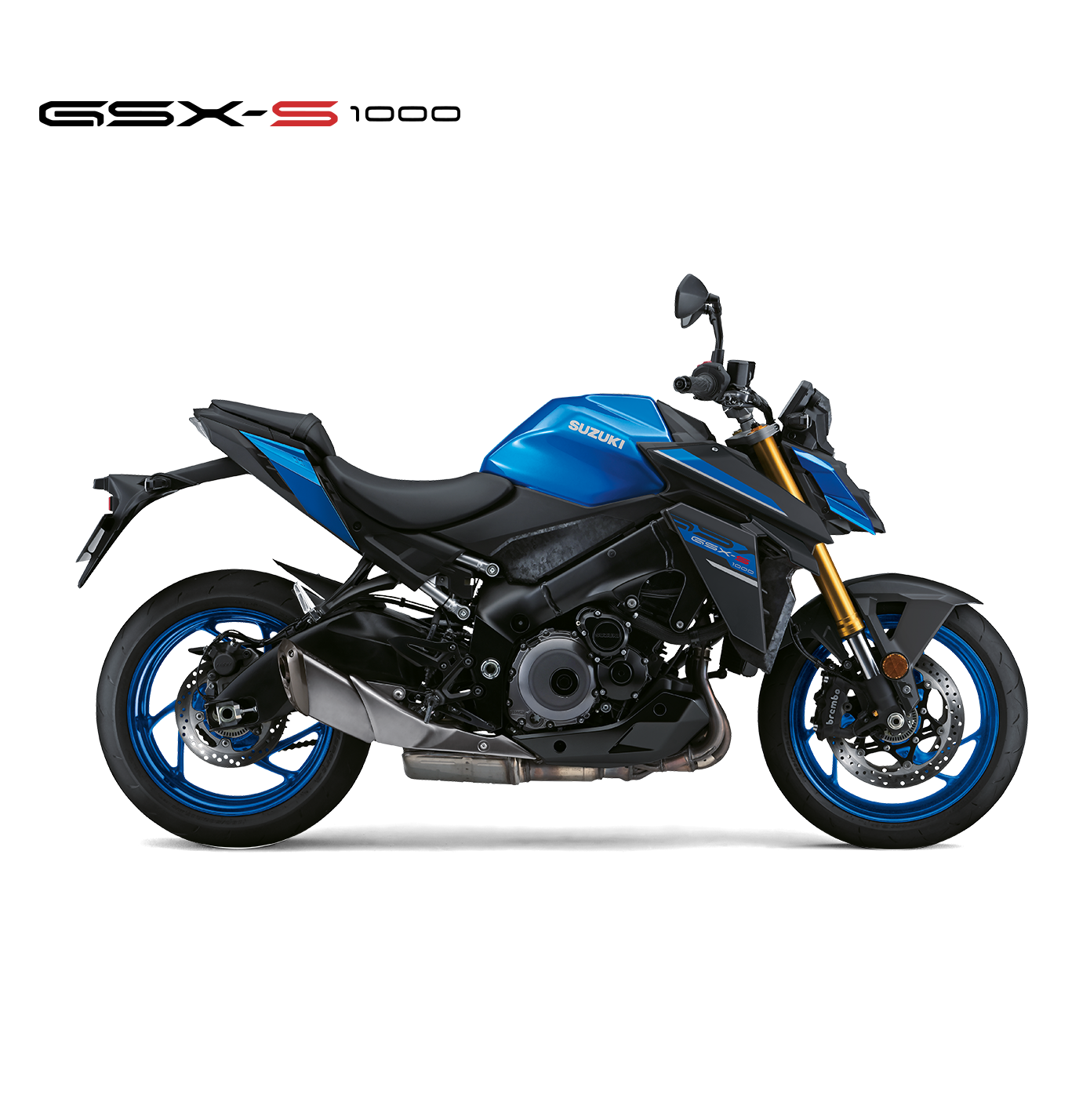 Suzuki GSX-S1000 blau-schwarz, Naked Bike 2025, linker Profilblick, sportliches Design mit goldfarbener Frontgabel und schwarzem Motorblock