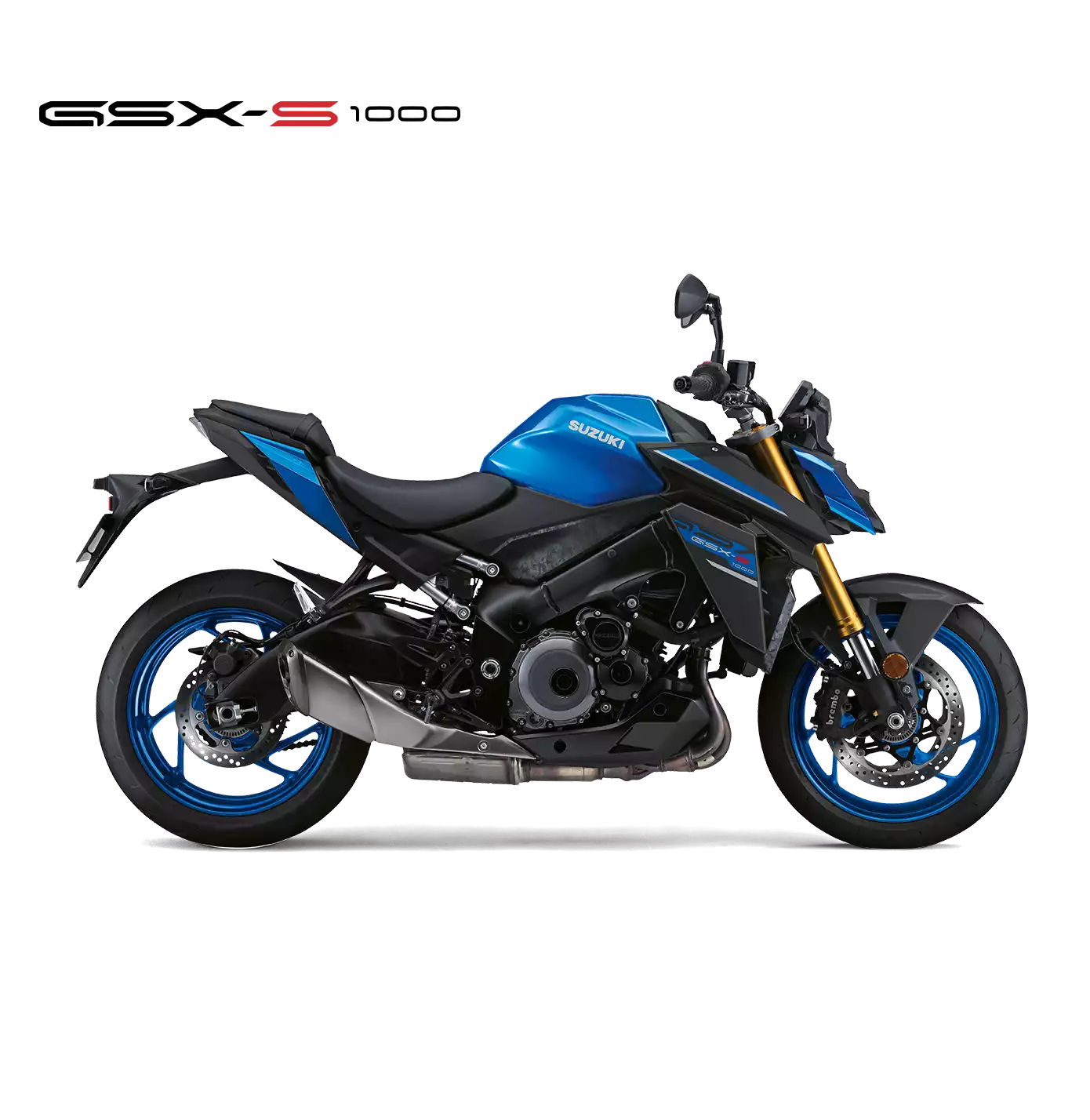 Suzuki GSX-S1000 blau-schwarz, Naked Bike 2025, linker Profilblick, sportliches Design mit goldfarbener Frontgabel und schwarzem Motorblock