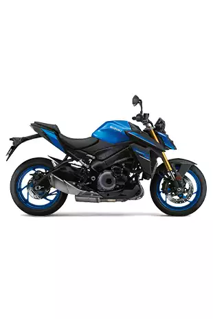 Suzuki GSX-S1000 blau-schwarz, Naked Bike 2025, linker Profilblick, sportliches Design mit goldfarbener Frontgabel und schwarzem Motorblock