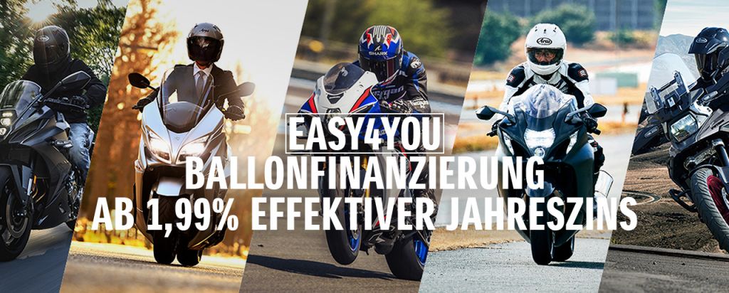 Collage aus mehreren Suzuki Motorrädern. Im Vordergrund steht der Hinweis auf die „EASY4YOU Ballonfinanzierung ab1,99 % effektiver Jahreszins“.