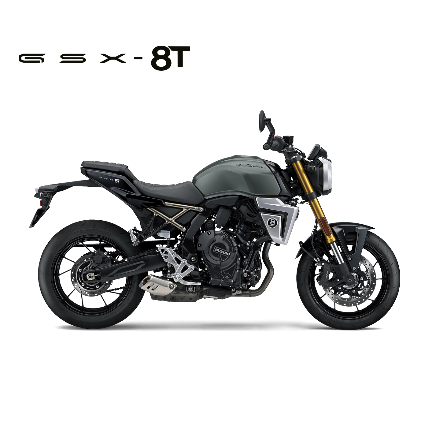 Suzuki GSX-8T Motorrad in Grün, Seitenansicht, modernes Naked Bike mit Retro-Design