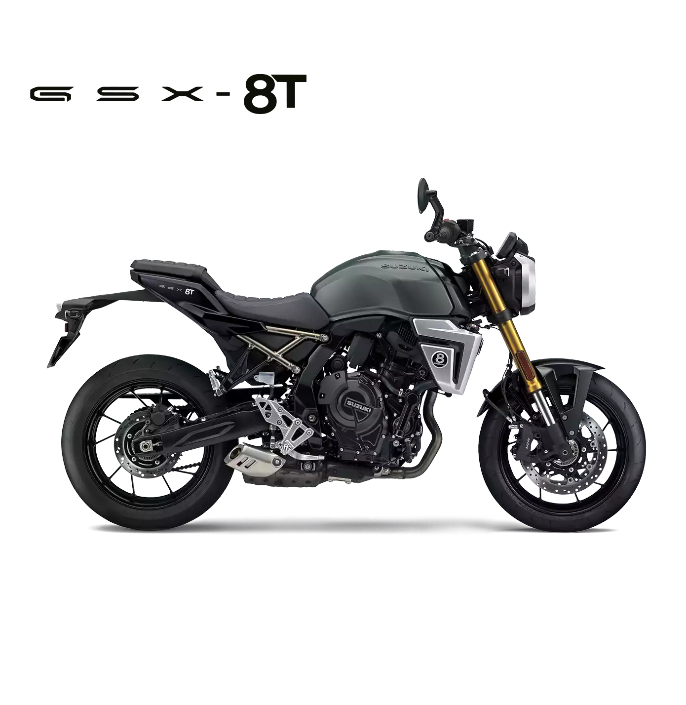Suzuki GSX-8T Motorrad in Grün, Seitenansicht, modernes Naked Bike mit Retro-Design