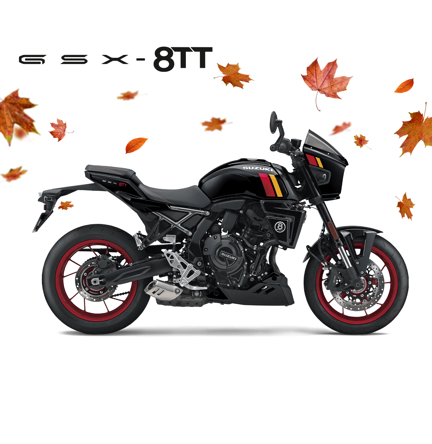 Suzuki GSX-8TT Motorrad in Rot-Schwarz, Seitenansicht, modernes Naked Bike mit Retro-Design 