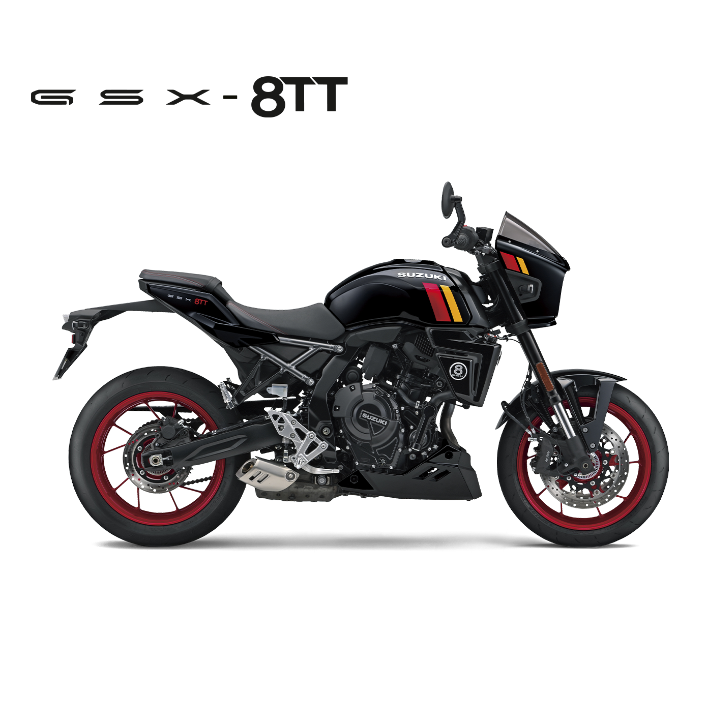 Suzuki GSX-8TT Motorrad in Rot-Schwarz, Seitenansicht, modernes Naked Bike mit Retro-Design