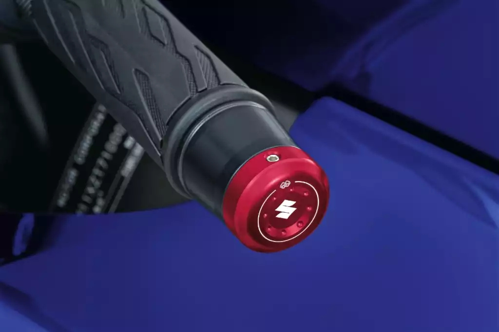 Rote Lenkerendgewichte für Suzuki GSX-R1000R verbessern die Optik und reduzieren Vibrationen.