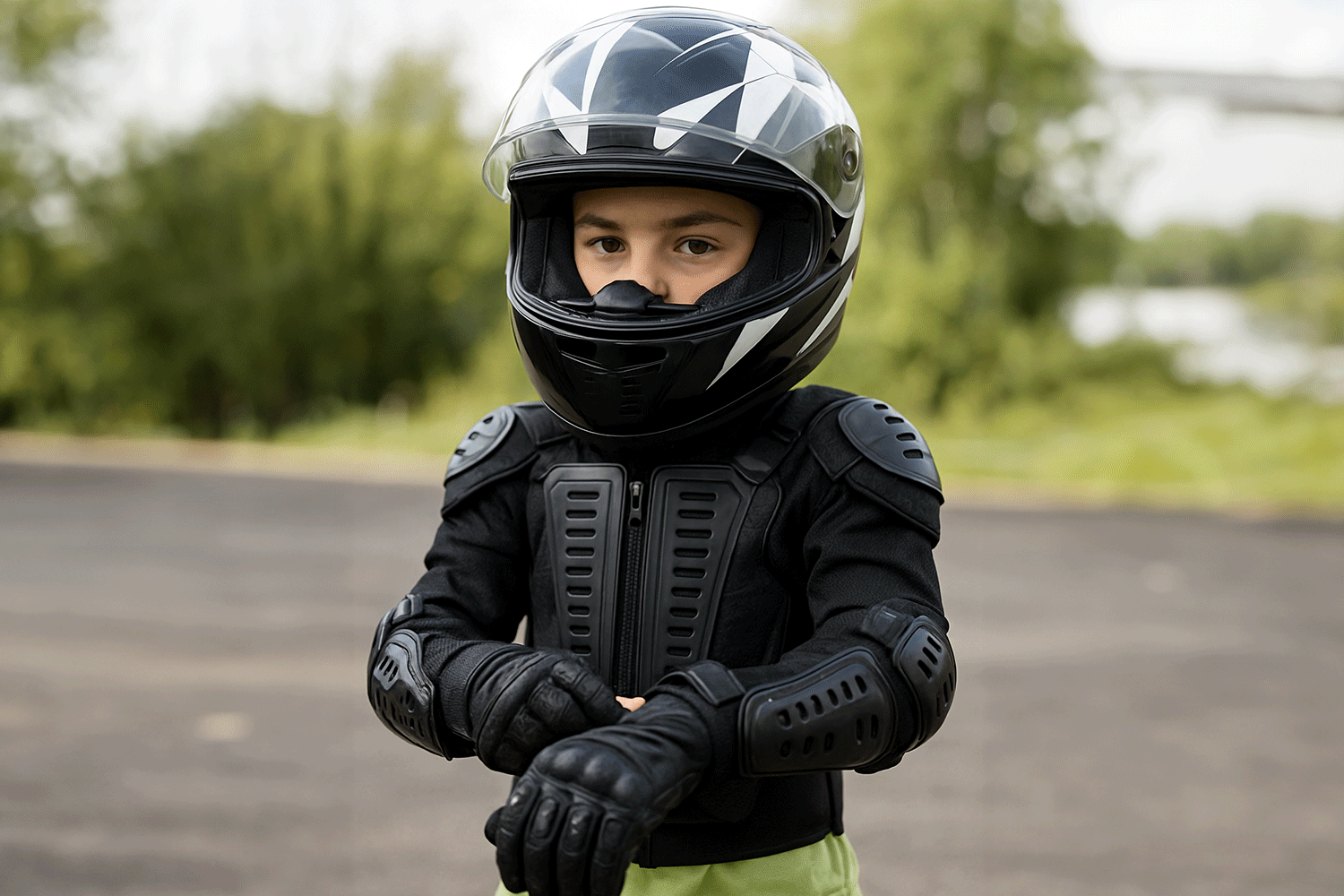 Junges Kind in Motorradoutfit