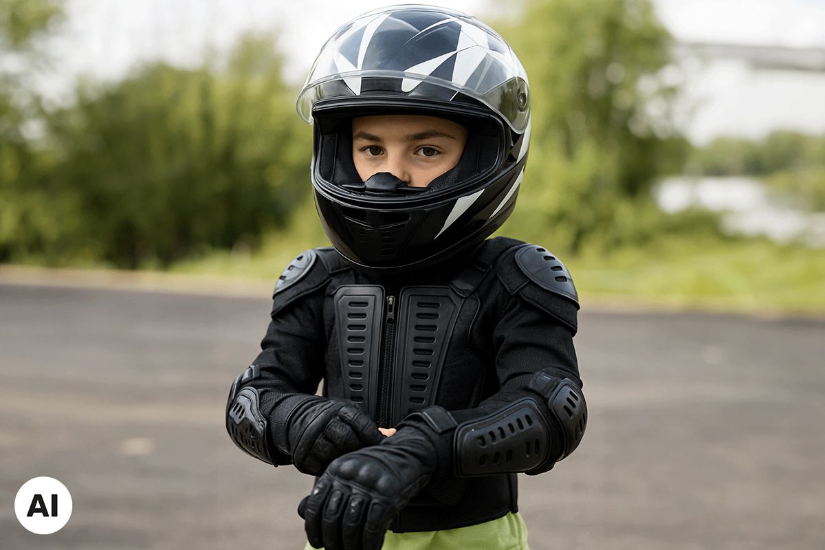 Junges Kind in Motorradoutfit