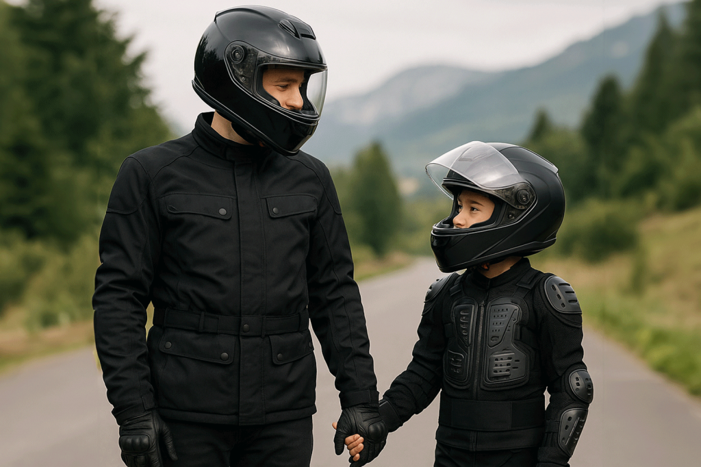 Vater und Sohn, händchenhaltend, vor einer Landstraße, in Motorradoutfits