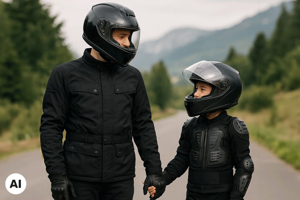 Vater und Sohn, händchenhaltend, vor einer Landstraße, in Motorradoutfits