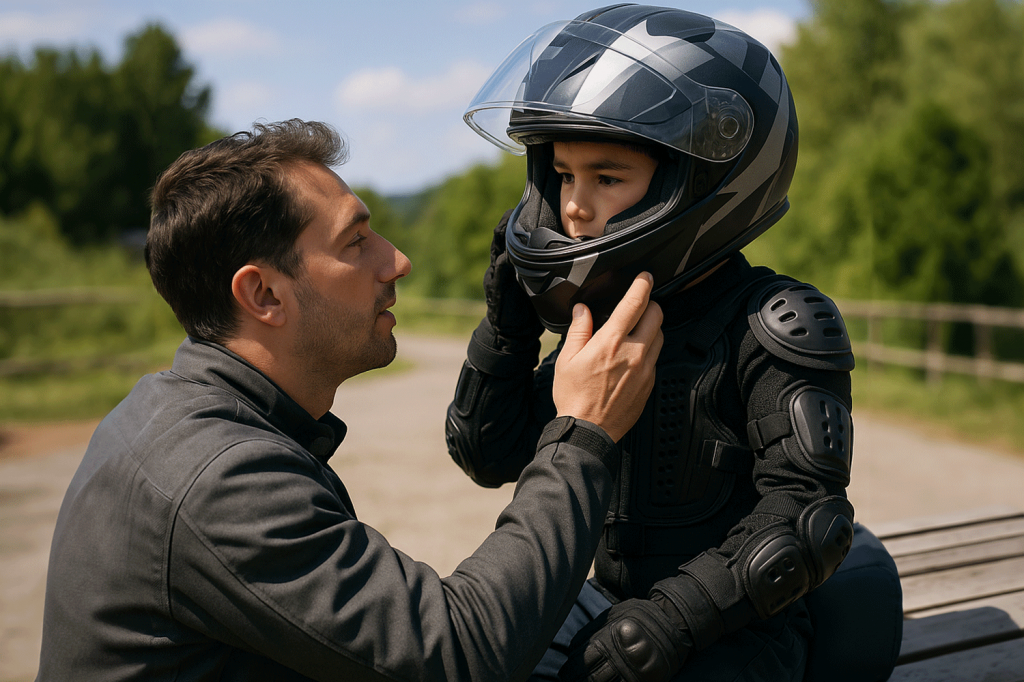 Vater hilft Sohn, den Motorradhelm anzuziehen