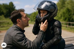 Vater hilft Sohn, den Motorradhelm anzuziehen