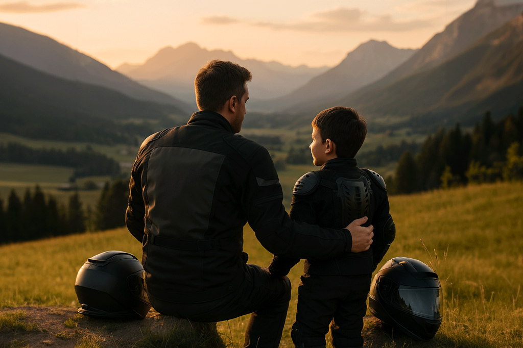 Vater und Sohn, in Motorradoutfits, vor einer bergigen Landschaft im Sonnenuntergang