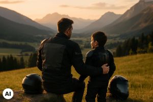 Vater und Sohn, in Motorradoutfits, vor einer bergigen Landschaft im Sonnenuntergang