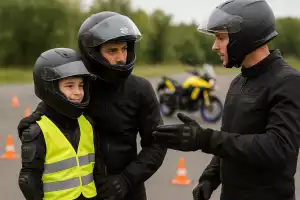 Zwei Erwachsene und ein Kind mit Helmen bei einem Suzuki Fahrsicherheitstraining, Kind trägt Warnweste, Motorrad im Hintergrund.