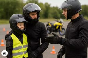 Zwei Erwachsene und ein Kind mit Helmen bei einem Suzuki Fahrsicherheitstraining, Kind trägt Warnweste, Motorrad im Hintergrund.