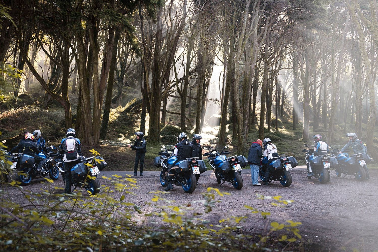 Motorradgruppe hält in einem Wald, Sonnenstrahlen fallen durch die Bäume.