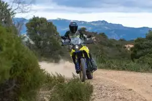 Motorradfahrer fährt auf Schotterpiste durch die Natur.
