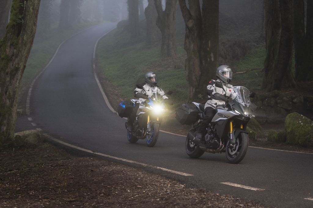 Zwei Motorradfahrer fahren durch nebligen Wald auf kurviger Straße.