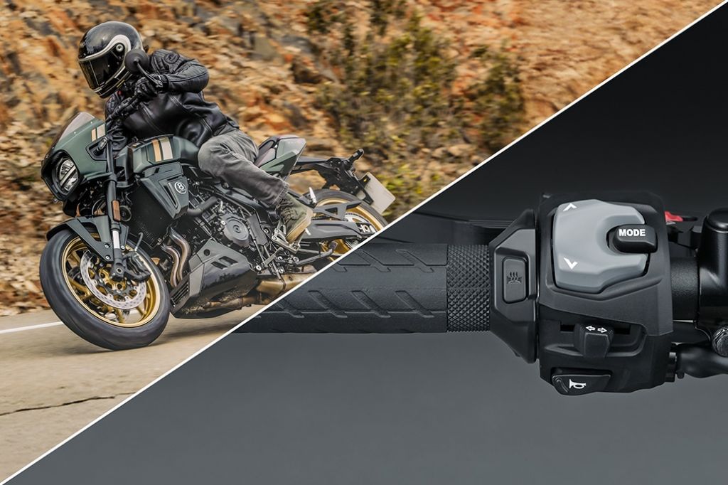 Halbiertes Motiv, GSX-8TT auf der linken Seite, Nahaufnahme der Griffheizung auf der rechten Seite