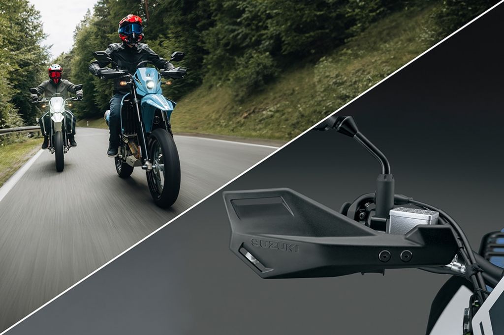 Halbiertes Motiv, DR-Z4SM auf der Landstraße auf der linken Seite, Nahaufnahme des Handprotektors auf der rechten Seite