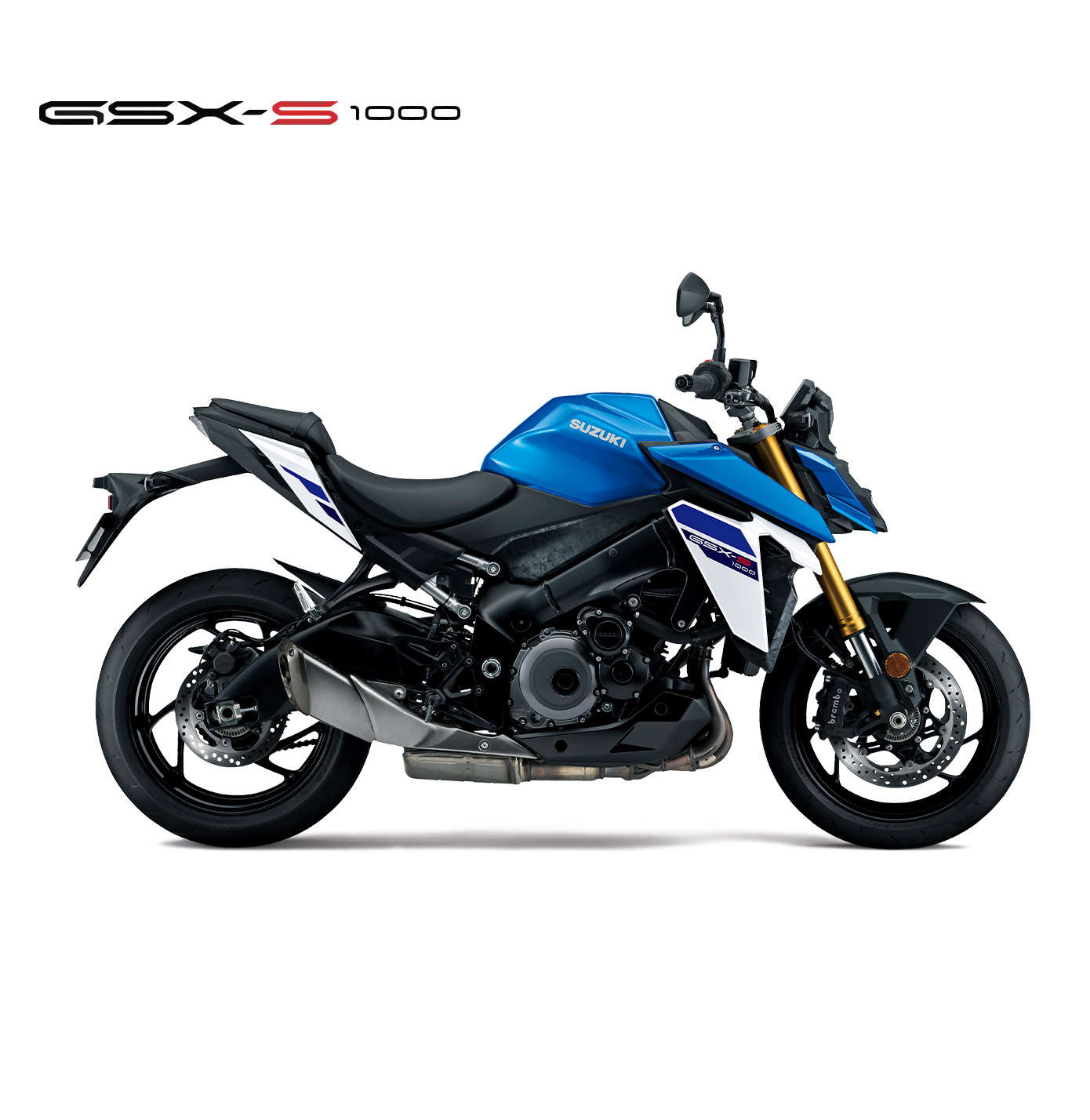 Suzuki GSX-S1000 blau-weiß, Naked Bike 2025, linker Profilblick, sportliches Design mit goldfarbener Frontgabel und schwarzem Motorblock