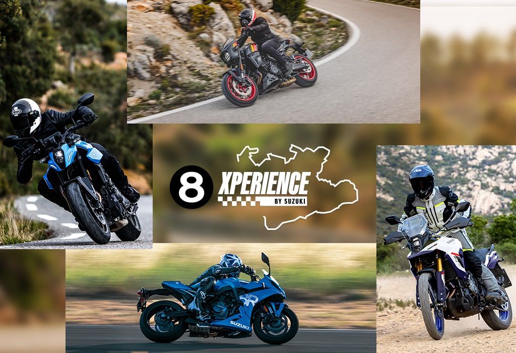Collage von mehreren Suzuki Motorrädern und in der Mitte ist der Schriftzug 8 Xperience