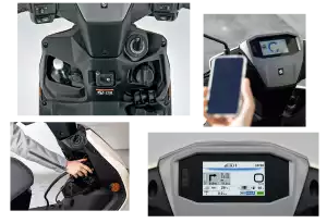 Suzuki e-Address Elektroroller: Digitales Cockpit, Ladefunktion und Smartphone-Konnektivität Features.