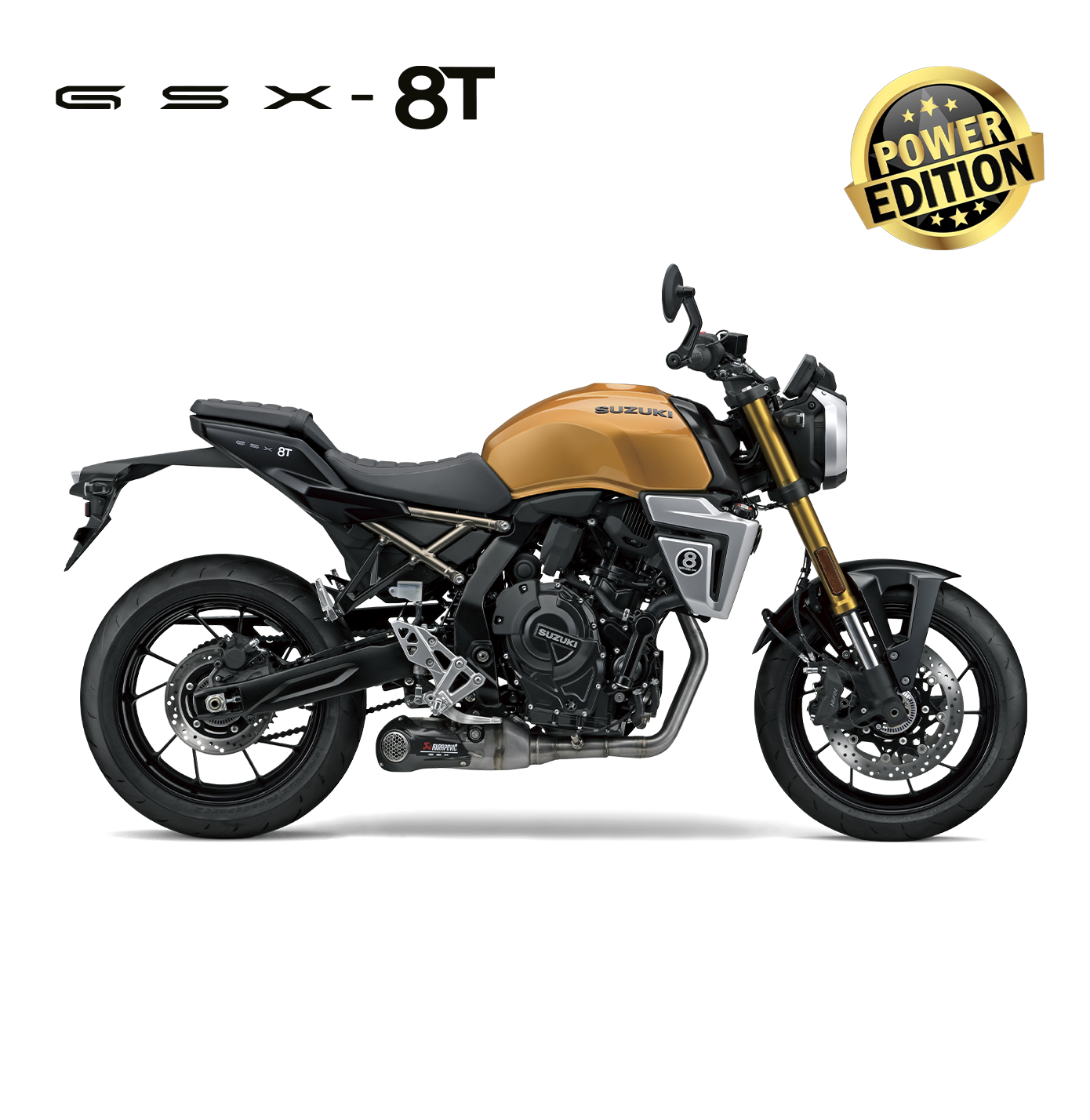 Suzuki GSX-8T Motorrad in Gold, Seitenansicht, modernes Naked Bike mit Retro-Design