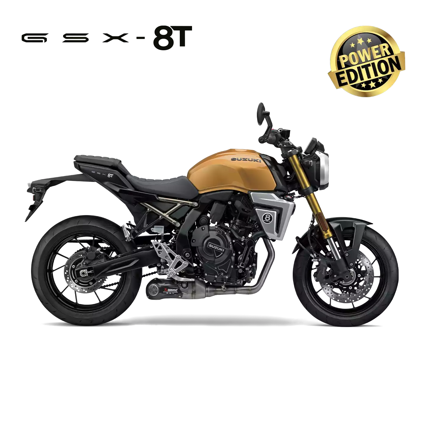 Suzuki GSX-8T Motorrad in Gold, Seitenansicht, modernes Naked Bike mit Retro-Design