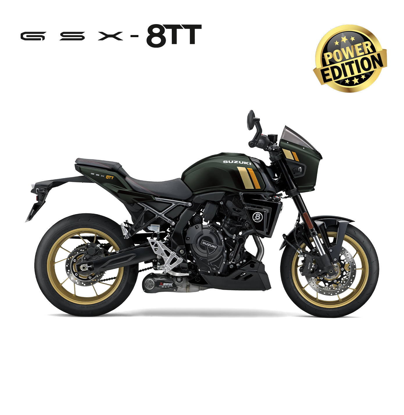 Suzuki GSX-8TT Motorrad in Grün-Gold, Seitenansicht, modernes Naked Bike mit Retro-Design