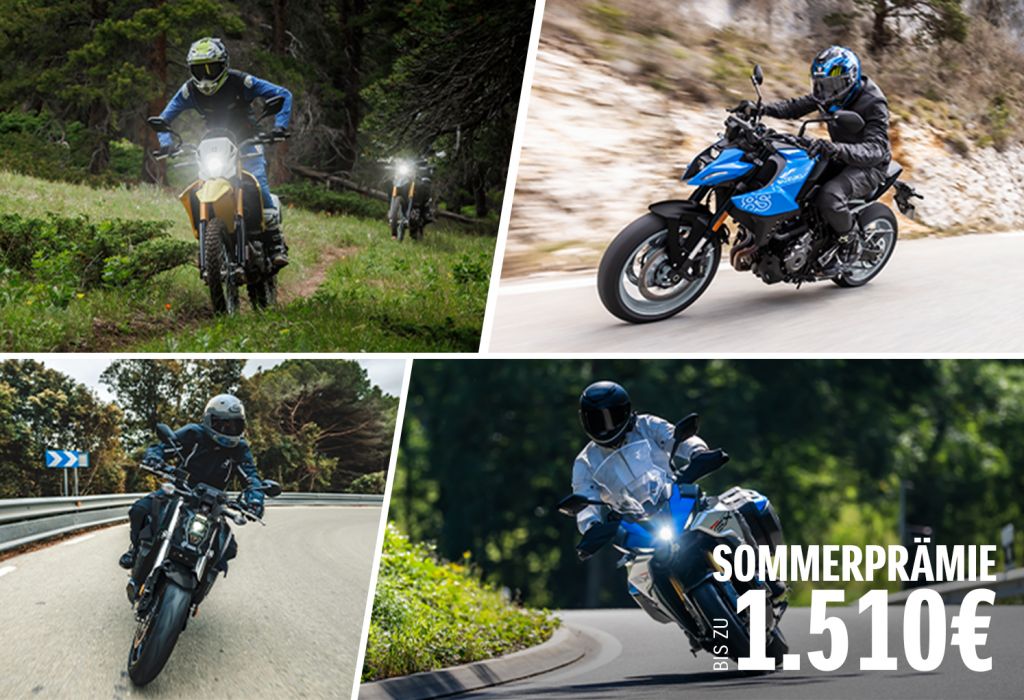Collage mit vier Motorrädern in Aktion auf Straße und Gelände; unten links ein Signet mit Sommerprämie bis zu 1.510€