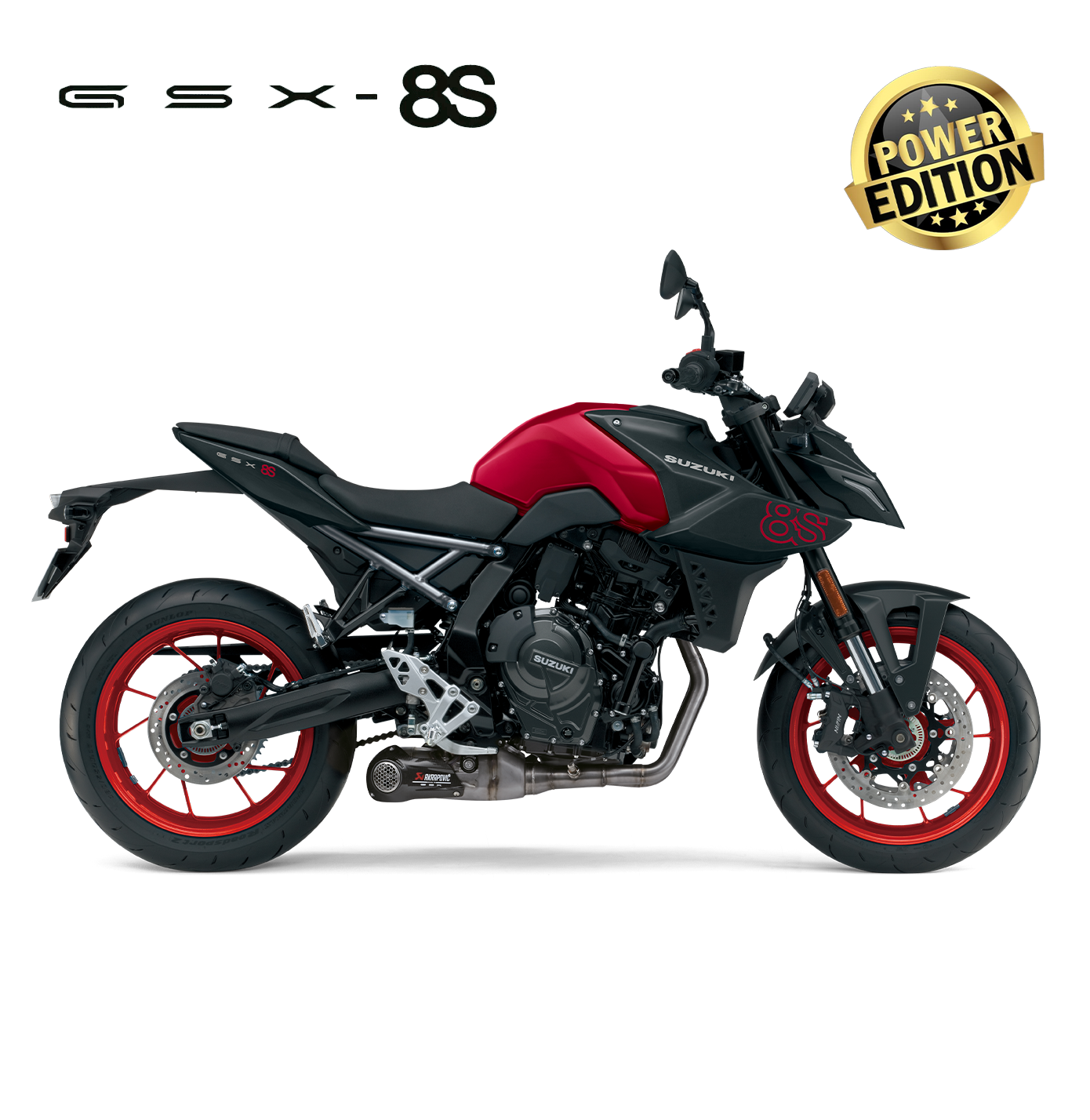 Suzuki GSX-8S schwarz-rot, Naked Bike 2025, linker Profilblick mit roten Felgen, sportliches Design