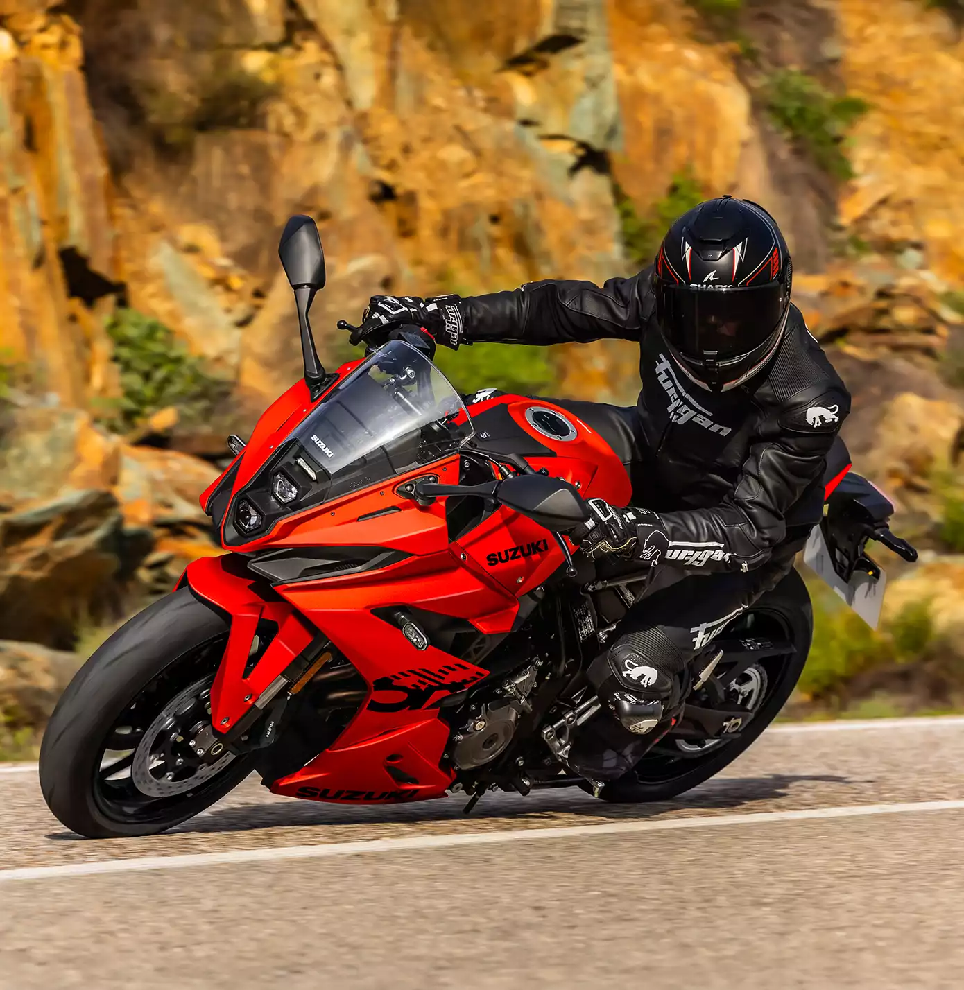Fahrer auf der GSX-8R DaiDai-Iro Power Edition in sportlicher Schräglage auf kurviger Landstraße