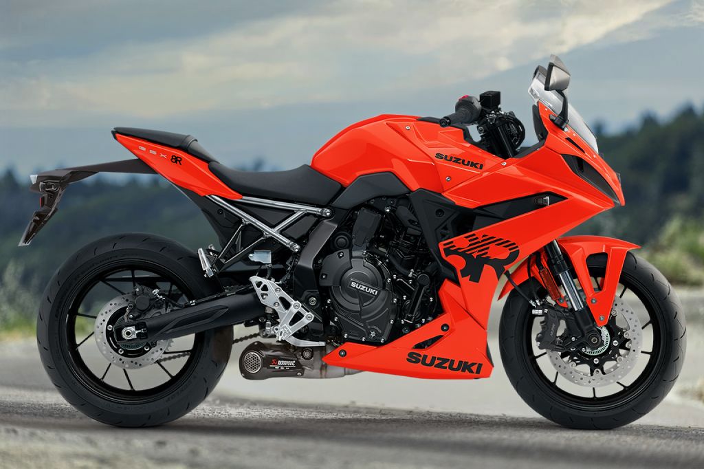 Suzuki GSX-8R DaiDai-Iro Power Edition in Glass Blaze Orange als vollständige Seitenansicht vor natürlicher Kulisse.