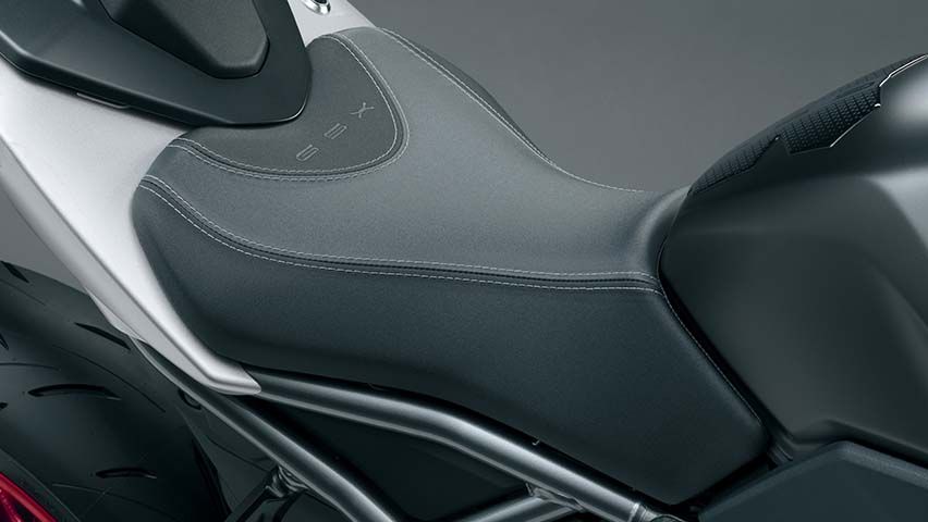 Detailaufnahme des sportlich geformten Fahrersitzes der GSX-8R DaiDai-Iro Power Edition.