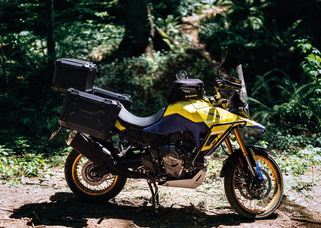 Ein gelbes Suzuki-Motorrad mit robusten schwarzen Seitenkoffern steht auf einem sonnigen Waldweg. Das Motorrad ist umgeben von grüner Vegetation und Sonnenlicht, das durch die Bäume fällt.