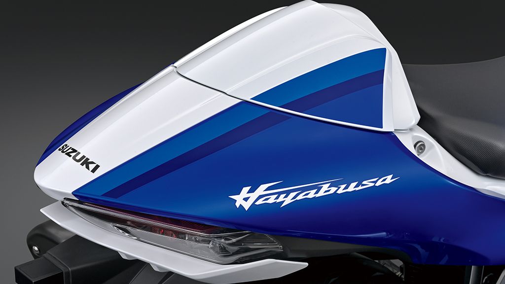 Nahaufmahme der Soziusabdeckung in Fahrzeugfarbe (Blau/Weiß)