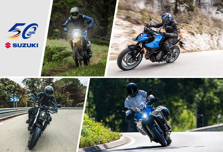Collage aus vier Fotos verschiedener Suzuki-Motorräder in Aktion: ein Offroad-Bike auf Waldweg, ein blaues Naked-Bike auf kurviger Straße, ein weiteres Naked-Bike in Schräglage sowie ein Touring-Motorrad auf Landstraße. Links befindet sich ein 50‑Jahre‑Suzuki‑Logo.