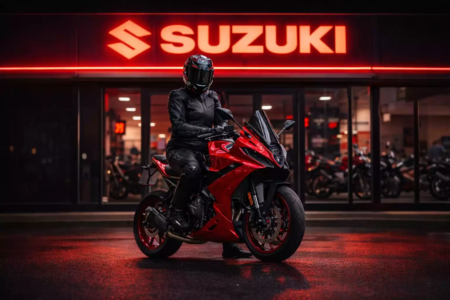 Rotes Suzuki Motorrad bei Nacht vor einem Suzuki-Shop