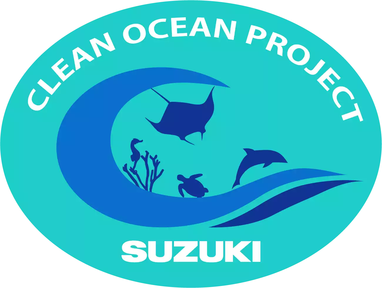 Logo des Clean Ocean Project Suzuki zeigt die blauen Konturen von Meereslebewesen, wie einem Delfin, einem Rochen, einer Schildkröte und einem Seepferdchen